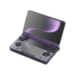 An angled, open view of a transparent purple AYN Thor handheld gaming console with a clamshell design, against a dark, featureless background. The top screen is open, displaying a soft purple abstract image. The bottom half of the device shows the controls, including a black D-pad, black analog sticks, and face buttons in white. The transparent shell allows for a partial view of the internal components.