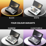 A marketing image displaying "FOUR COLOUR VARIANTS" of the AYN Thor handheld gaming console. The image is divided into four quadrants, each showing a different color model resting on a grey, cylindrical pedestal.

Top Left: A black AYN Thor is shown on a pedestal with a golden, glowing light. "BLACK" is written below it.

Top Right: A white AYN Thor is shown on a pedestal with a bright white background. "WHITE" is written below it.

Bottom Left: A light grey AYN Thor with multi-colored buttons is shown on a pedestal. "RAINBOW" is written below it.

Bottom Right: A transparent purple AYN Thor is shown on a pedestal with a purple, glowing light. "CLEAR PURPLE" is written below it.