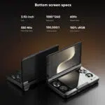 A promotional image for the AYN Thor handheld gaming console, highlighting the bottom screen's specifications. The background is a dark, gradient of brown and grey. The top of the image has the title "Bottom screen specs" and six white text boxes detailing the features: "3.92-inch Size", "1080*1240 Resolution", "60Hz Refresh Rate", "550 Nits Peak Brightness", "100,000:1 Contrast Ratio", and "150% sRGB Color Gamut". Below this are two black AYN Thor devices, one with its clamshell open and angled to the viewer, and the other closed and positioned behind it.