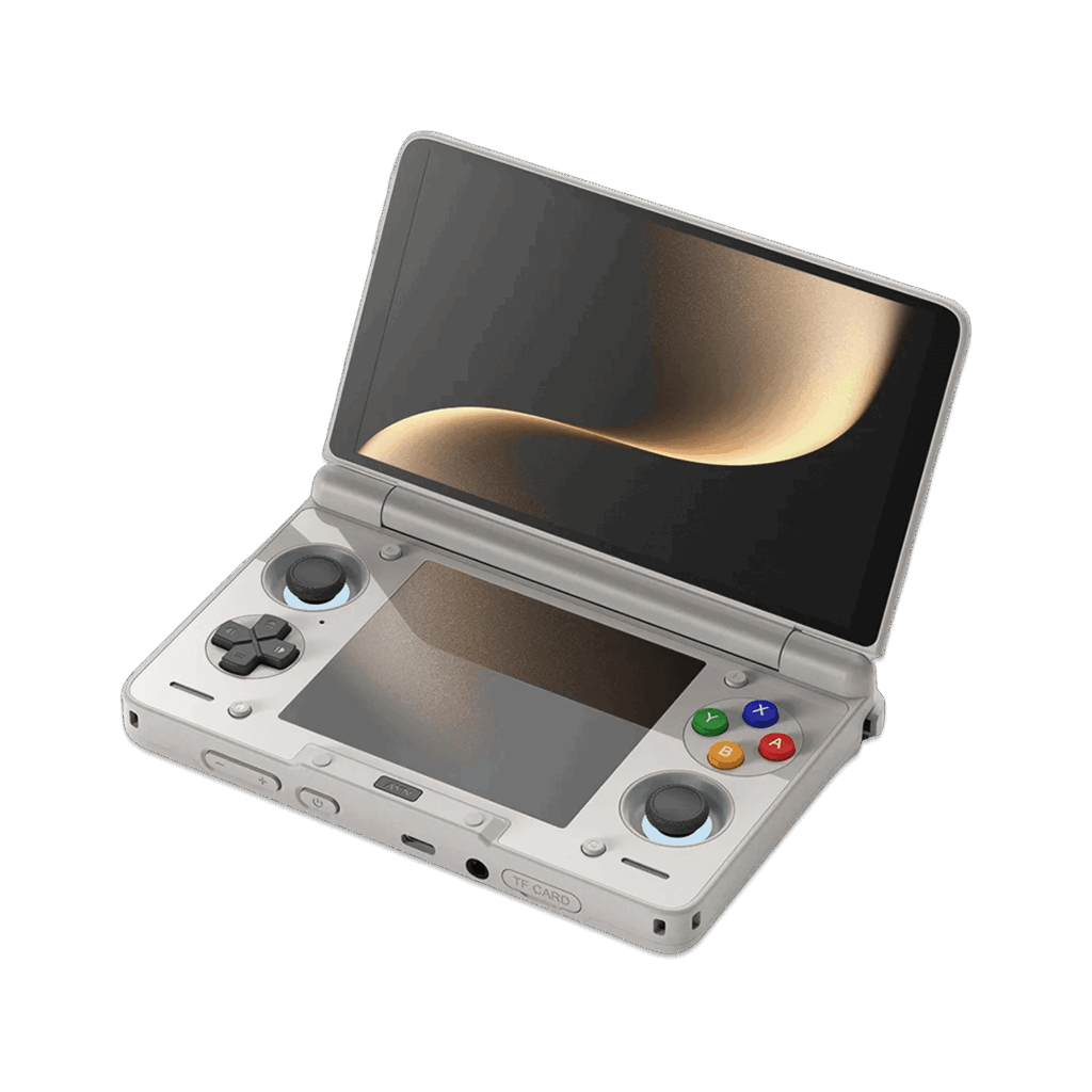 Vista angolata e aperta di una console di gioco portatile AYN Thor grigio chiaro con design a conchiglia, su uno sfondo scuro e privo di elementi. Lo schermo superiore è aperto e mostra un'immagine astratta dorata. La metà inferiore del dispositivo mostra i controlli, tra cui un D-pad nero, stick analogici neri e pulsanti facciali in rosso, blu, verde e giallo, che ricordano la classica estetica dei controller "arcobaleno". Sia lo schermo superiore che quello inferiore sono riflettenti e rispecchiano la luce dorata.