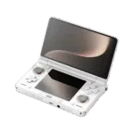 An angled, open view of a white AYN Thor handheld gaming console with a clamshell design, against a dark, featureless background. The top screen is open, displaying a soft golden abstract image. The bottom half of the device shows the controls, including a light grey D-pad, light grey analog sticks, and face buttons. Both the top and bottom screens are reflective, mirroring the golden light.