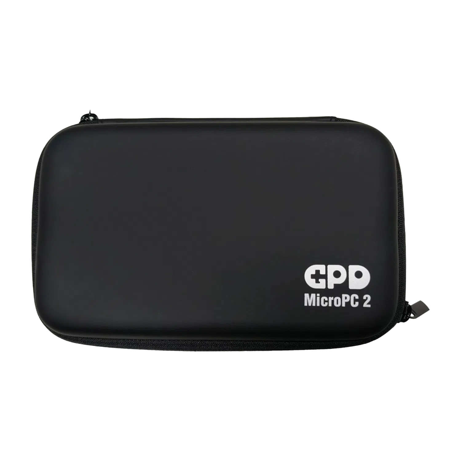 A front-facing shot of a closed, black hard shell case for the GPD MicroPC 2, against a grey background. The case is rectangular with rounded corners and features a white "GPD MicroPC 2" logo in the bottom right corner. The case is zipped shut.