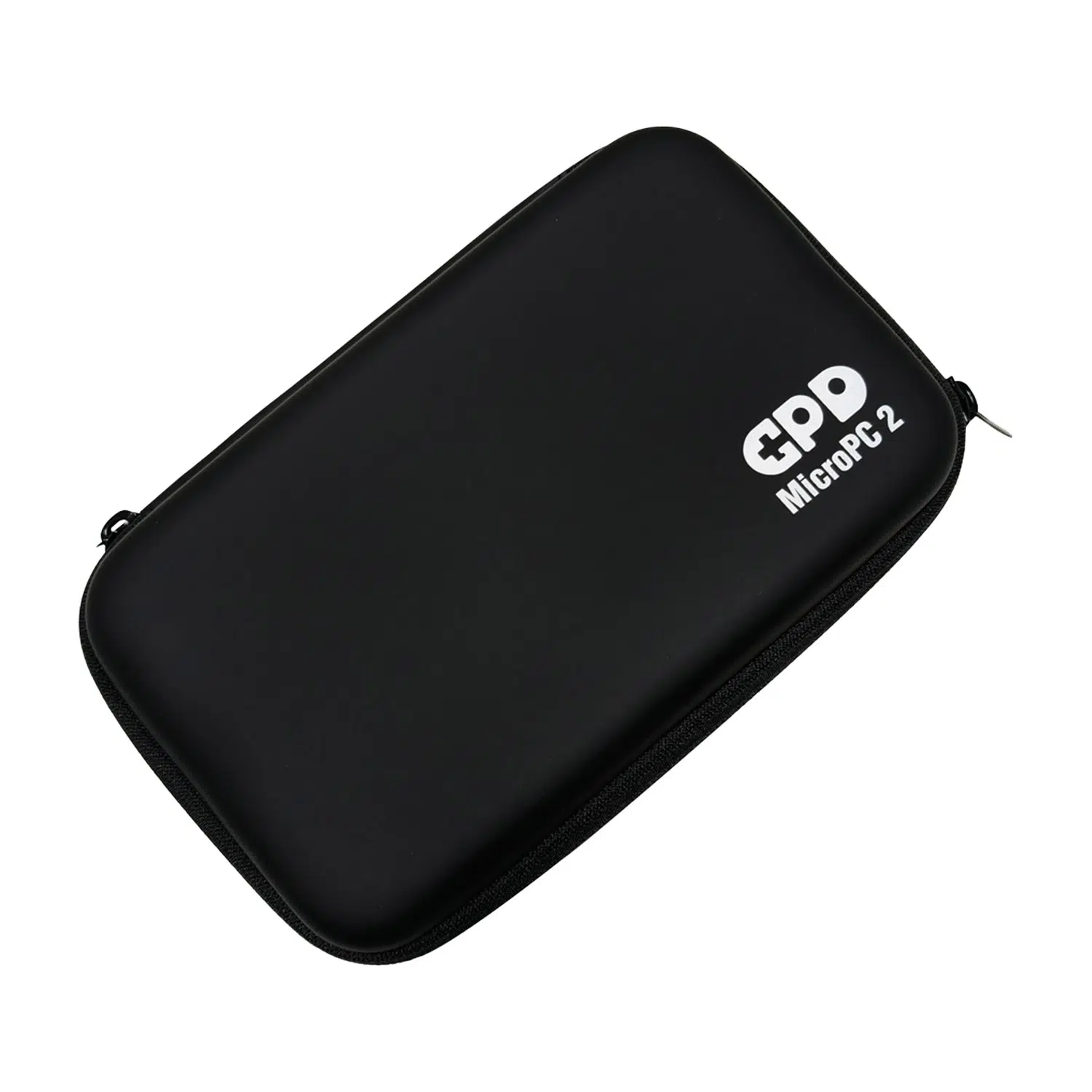 An angled shot of a closed, black hard shell case for the GPD MicroPC 2, isolated against a white background. The top of the case is smooth and features a white "GPD MicroPC 2" logo in the bottom right corner. The case is zipped shut.