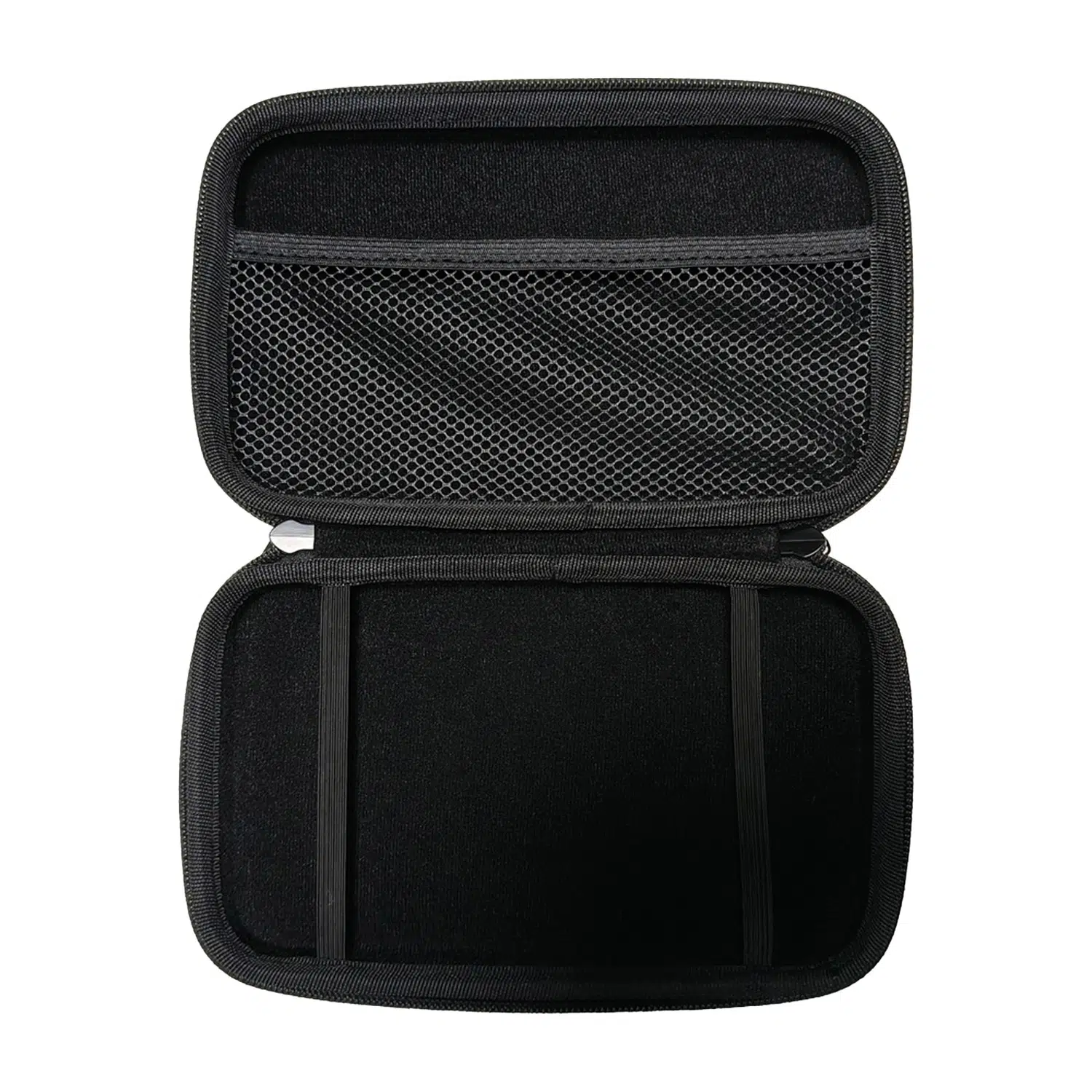A top-down shot of the black hard shell case for the GPD MicroPC 2, opened to reveal its interior. The top half of the case has a mesh pocket, while the bottom half is empty with two elastic straps meant to hold the device.