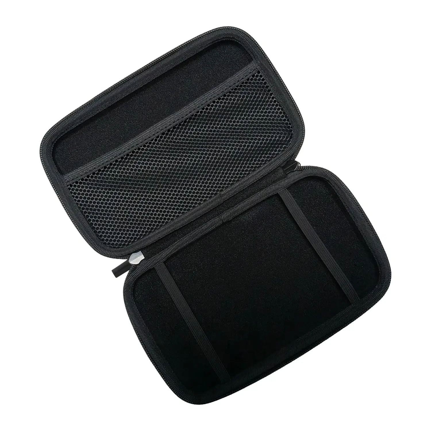 A top-down, angled shot of the black hard shell case for the GPD MicroPC 2, opened to reveal its interior. The top half of the case has a mesh pocket for accessories, while the bottom half has two elastic straps to securely hold the device. The case is empty.