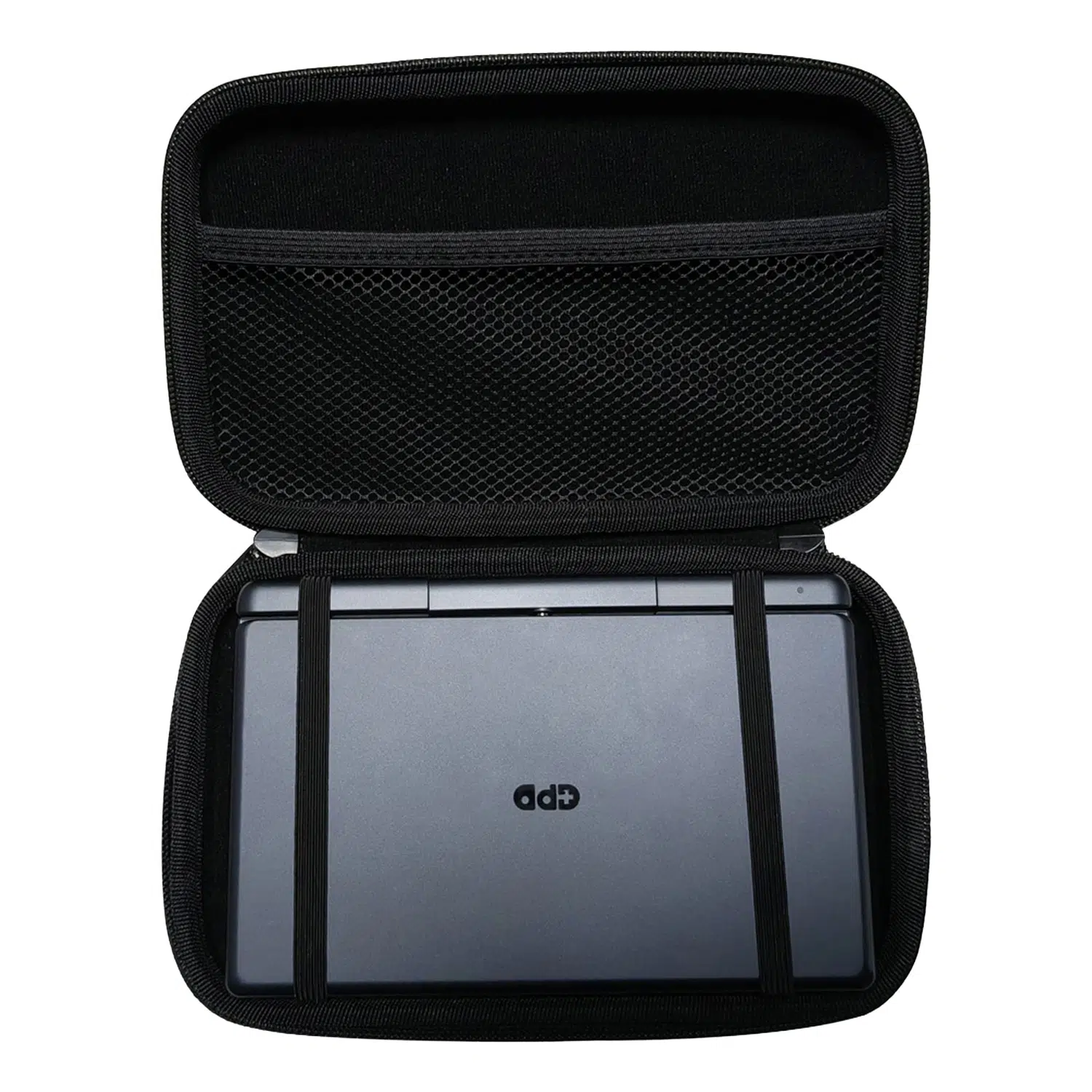 A top-down shot of the open, black hard shell case for the GPD MicroPC 2. A grey GPD MicroPC 2 is secured inside the bottom half with two black elastic straps. The top half of the case has a mesh pocket. The front of the MicroPC 2 is facing upwards, showing the "GPD" logo.