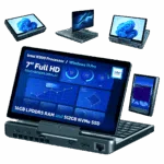 Un'infografica che illustra le versatili modalità di visualizzazione del GPD MicroPC 2. L'immagine centrale mostra il dispositivo aperto in modalità laptop, con un cruscotto dettagliato sullo schermo. Intorno ad essa, vengono mostrate versioni più piccole del dispositivo in diversi orientamenti: in modalità tablet, a V rovesciata e in modalità verticale. I punti in basso evidenziano caratteristiche chiave come il processore, le dimensioni dello schermo e la capacità di archiviazione. Lo sfondo è verde scuro.