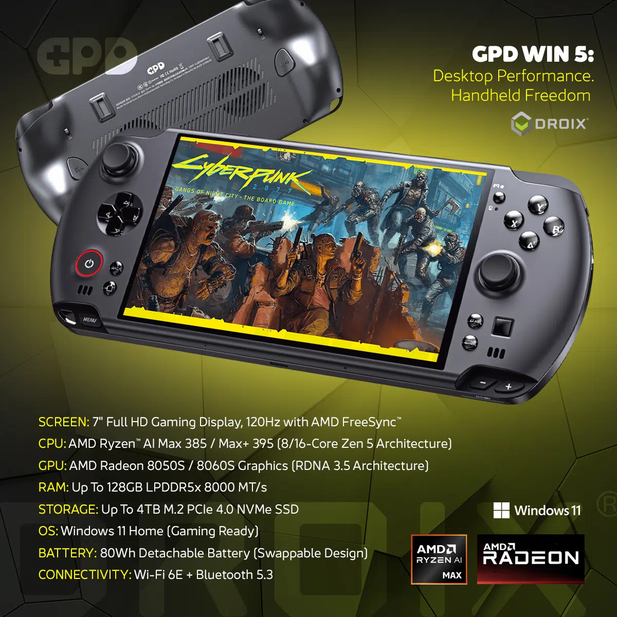A dynamic infographic showcasing the black GPD WIN 5 handheld gaming console. The device is angled with its screen displaying the title screen for the game Cyberpunk 2077: Gangs of Night City - The Board Game. The back of another GPD WIN 5 is visible in the background. The title reads, "GPD WIN 5: Desktop Performance. Handheld Freedom." Below the console, a detailed list of maximum specifications is provided: 7" Full HD Gaming Display, AMD Ryzen™ AI Max 385 / Max+ 395 CPU, Up To 128GB LPDDR5x RAM, Up To 4TB M.2 PCIe 4.0 NVMe SSD, and an 80Wh Detachable Battery. The Windows 11 logo and AMD Ryzen AI Max and AMD Radeon 8050S logos are also displayed.