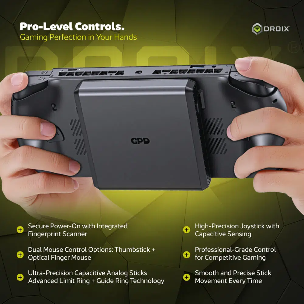 Infografikas, kuriame pristatomos GPD WIN 5 "Pro-Level Controls" funkcijos. Dvi rankos laiko prietaisą iš galinės pusės, kur rodoma nuimama pelės ir (arba) manipuliatoriaus modulio plokštelė. Tekste pabrėžiamos tokios funkcijos kaip saugus įjungimas su integruotu pirštų atspaudų skaitytuvu, itin tikslios talpinės analoginės lazdelės ir profesionalaus lygio valdymas, skirtas konkurencingiems žaidimams.