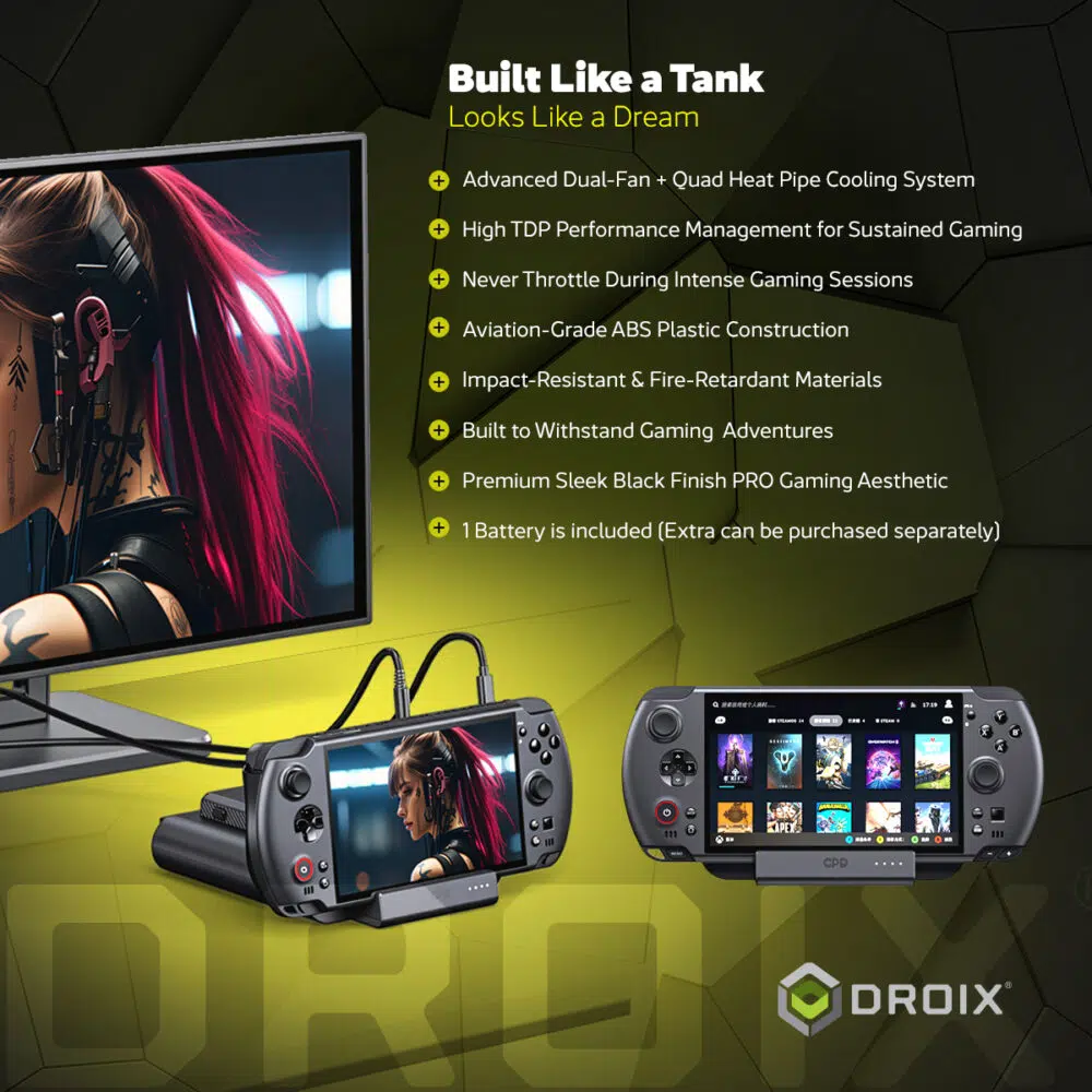 Infografikas apie GPD WIN 5 ilgaamžiškumą ir aušinimą, pavadintas "Built Like a Tank Looks Like a Dream". Prietaisas rodomas ant stovo, prijungtas prie išorinio monitoriaus, kuriame rodomas animacijos stiliaus personažas. Tekste išvardijamos tokios funkcijos kaip pažangi dviejų ventiliatorių + keturių šilumos vamzdelių aušinimo sistema, didelio TDP našumo valdymas, aviacijos klasės ABS plastiko konstrukcija ir patvirtinama, kad pridedamas 1 akumuliatorius (papildomus galima įsigyti atskirai).
