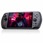 GPD WIN 5 handheld gaming console is centered against a grey background. Its screen displays a woman in a cyberpunk setting. Overlaid on the screen is a transparent window showing performance metrics like "AI Max+", "Radeon 8060s", "CPU Power", and "FPS". The console is dark grey with a prominent D-pad, analog sticks, and face buttons.