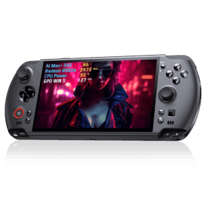 GPD WIN 5 handheld gaming console is centered against a grey background. Its screen displays a woman in a cyberpunk setting. Overlaid on the screen is a transparent window showing performance metrics like "AI Max+", "Radeon 8060s", "CPU Power", and "FPS". The console is dark grey with a prominent D-pad, analog sticks, and face buttons.