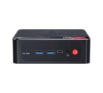 An angled shot of the black Beelink SER PRO mini PC against a white background. The top and sides have a perforated, mesh-like texture. The front panel, visible on the left, features a "CLR CMOS" pinhole, two blue USB-A ports, a USB-C port, a 3.5mm headphone jack, and a red power button. The top front edge displays a "Beelink | AMD" logo, and the bottom front right edge has a sticker for "AMD Ryzen" and "AMD Radeon Graphics".