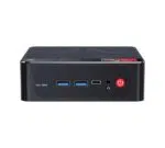 An angled shot of the black Beelink SER PRO mini PC against a white background. The top and sides have a perforated, mesh-like texture. The front panel, visible on the left, features a "CLR CMOS" pinhole, two blue USB-A ports, a USB-C port, a 3.5mm headphone jack, and a red power button. The top front edge displays a "Beelink | AMD" logo, and the bottom front right edge has a sticker for "AMD Ryzen" and "AMD Radeon Graphics".