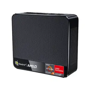 A three-quarter view of the black Beelink SER PRO mini PC, angled to show the front and right side against a white background. The side and top surfaces have a fine, perforated mesh pattern. The front panel displays the "Beelink | AMD" logo and a sticker for "AMD Ryzen" and "AMD Radeon Graphics" with "5000 Series" and "5 Graphics".
