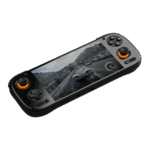 An angled shot of a black AYN Odin3 handheld gaming console against a dark background. The screen displays a realistic racing game scene with a car on a mountain road. The console features a D-pad and an analog stick on the left, and face buttons and an analog stick on the right. Both analog sticks are illuminated with a bright orange glow.