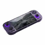 AYN-ODIN3-CLEAR-PURPLE-LISTING-DONE-01 - DROIX EU An angled shot of a transparent purple AYN Odin3 handheld gaming console against a dark background. The screen displays a realistic racing game scene with a car on a mountain road. The console features a black D-pad and an analog stick on the left, and black face buttons and an analog stick on the right. Both analog sticks are illuminated with a glowing purple ring. The transparent shell allows for a partial view of the internal components.