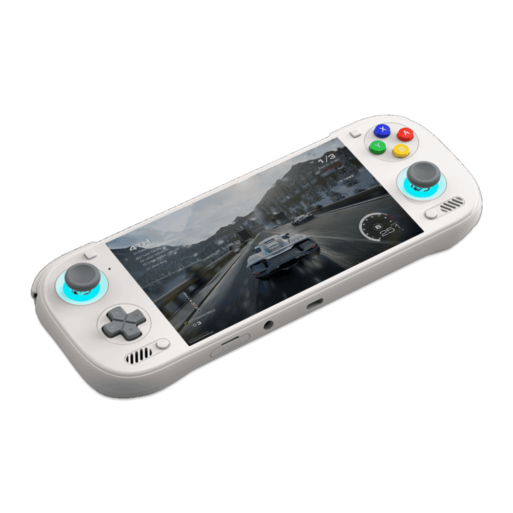 An angled shot of a white AYN Odin3 handheld gaming console against a dark green background. The console features a D-pad and analog stick on the left and face buttons with an analog stick on the right. The face buttons are colored red, yellow, green, and blue. Both analog sticks are illuminated with a light blue glow. The screen displays a realistic racing game on a snow-covered road.