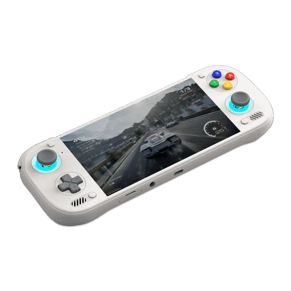  An angled shot of a white AYN Odin3 handheld gaming console against a dark green background. The console features a D-pad and analog stick on the left and face buttons with an analog stick on the right. The face buttons are colored red, yellow, green, and blue. Both analog sticks are illuminated with a light blue glow. The screen displays a realistic racing game on a snow-covered road.
