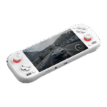 An angled shot of a white AYN Odin3 handheld gaming console against a dark green background. The screen displays a realistic racing game scene with a car on a mountain road. The console features a D-pad and an analog stick on the left, and face buttons and an analog stick on the right. Both analog sticks are illuminated with a bright red glow.