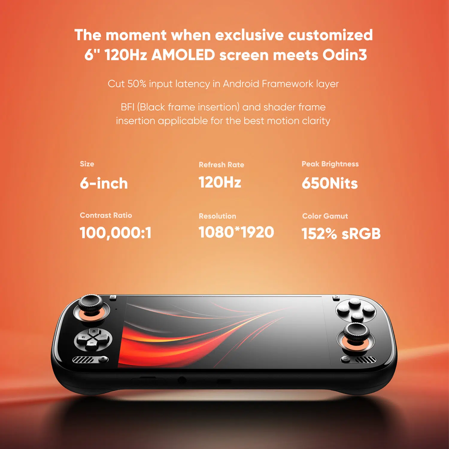 A promotional graphic for the AYN Odin3's screen. At the bottom of the image, a black AYN Odin3 handheld is shown with a red and black abstract design on its screen. Above the device, a list of screen specifications is provided: "Size 6-inch", "Refresh Rate 120Hz", "Peak Brightness 650 Nits", "Contrast Ratio 100,000:1", "Resolution 1080*1920", and "Color Gamut 152% sRGB". The top of the image has the title "The moment when exclusive customized 6" 120Hz AMOLED screen meets Odin3".