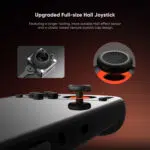 A close-up promotional image of the "Upgraded Full-size Hall Joystick" of the AYN Odin3 handheld gaming console. The main focus is on a black joystick with a raised-texture cap and a glowing orange base. Two smaller inset images show a detailed exploded view of the Hall-effect sensor and a close-up of the joystick's textured cap.