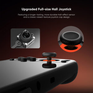 A close-up promotional image of the "Upgraded Full-size Hall Joystick" of the AYN Odin3 handheld gaming console. The main focus is on a black joystick with a raised-texture cap and a glowing orange base. Two smaller inset images show a detailed exploded view of the Hall-effect sensor and a close-up of the joystick's textured cap.