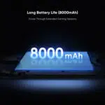  A promotional image for the AYN Odin3's battery life. The text "Long Battery Life (8000mAh) Power Through Extended Gaming Sessions" is at the top of a dark, featureless background. Below the text, a large, glowing blue, rectangular battery graphic is shown with the number "8000 mAh" prominently displayed on its surface.