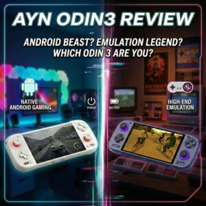 A promotional graphic for the AYN Odin 3 handheld gaming console, featuring a split-screen design that contrasts modern "Native Android Gaming" with "High-End Emulation." The top of the image features the bold title "AYN ODIN 3 REVIEW" in white and cyan, followed by the tagline: "ANDROID BEAST? EMULATION LEGEND? WHICH ODIN 3 ARE YOU?" Left Side (Native Android Gaming): Set against a modern, neon-lit gaming room, a sleek white handheld console with red-accented joysticks displays a high-end 3D car racing game. An Android logo icon sits above the device. Right Side (High-End Emulation): Set against a nostalgic, retro background filled with old CRT televisions, a transparent purple console displays Grand Theft Auto: San Andreas. A retro controller icon sits above the device. A glowing vertical neon line in pink and cyan divides the two halves, with small "Power" and "Battery" icons positioned along the center.