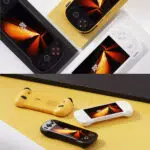 A split-view promotional image showcasing three color variants of the KONKR Pocket Fit handheld gaming console. The top half shows the black, yellow, and white consoles in a flat-lay arrangement, each with a screen displaying a glowing orange abstract design. The bottom half shows the same three consoles in a dynamic arrangement on a yellow surface, with the yellow console flipped over to display its back panel and vents, while the black and white consoles are angled to show their screens and front controls.