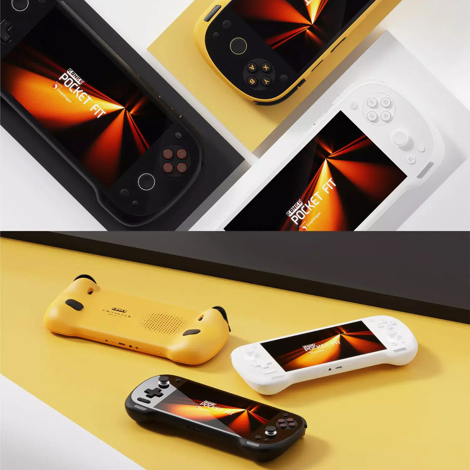 A split-view promotional image showcasing three color variants of the KONKR Pocket Fit handheld gaming console. The top half shows the black, yellow, and white consoles in a flat-lay arrangement, each with a screen displaying a glowing orange abstract design. The bottom half shows the same three consoles in a dynamic arrangement on a yellow surface, with the yellow console flipped over to display its back panel and vents, while the black and white consoles are angled to show their screens and front controls.
