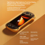 A promotional graphic for the KONKR Pocket Fit's display. The background is a light brown gradient. The image shows a yellow and black KONKR Pocket Fit handheld gaming console angled towards the viewer. The screen displays a glowing orange abstract design. The top of the image has the title "High Refresh, High Brightness TrueColor Display". Below the console, key display features are listed, including: 6" TrueColor LCD, 1920x1080 resolution, 144Hz refresh rate, anti-glare glass, and a fullscreen edge-to-edge design.