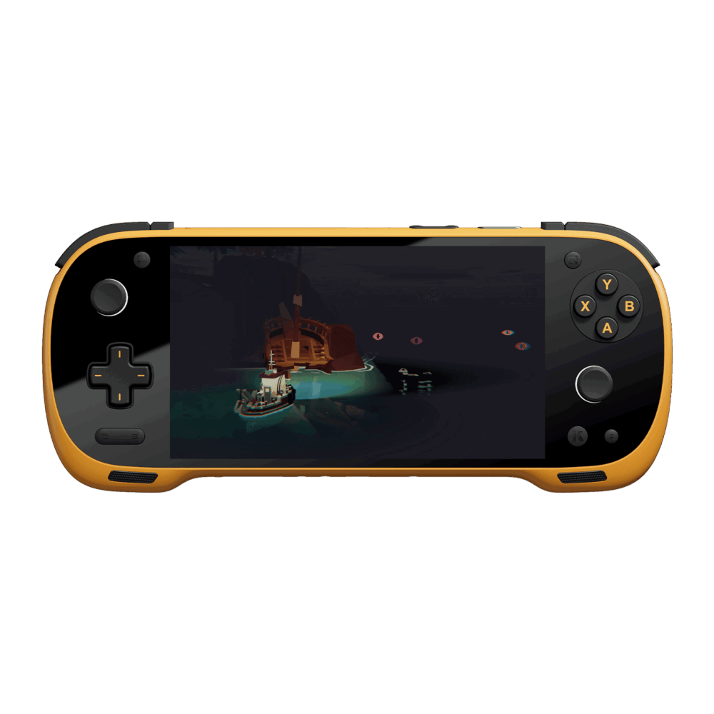 A front-on view of a black and yellow KONKR Pocket Fit handheld gaming console against a dark green background. The screen displays a video game scene featuring a small boat in a dark cave. The console has a black D-pad and analog stick on the left, and yellow-colored face buttons and an analog stick on the right.