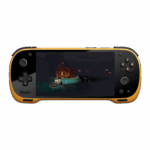 A front-on view of a black and yellow KONKR Pocket Fit handheld gaming console against a dark green background. The screen displays a video game scene featuring a small boat in a dark cave. The console has a black D-pad and analog stick on the left, and yellow-colored face buttons and an analog stick on the right.