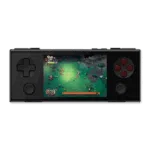 A front-on view of a black AYANEO Pocket Micro handheld gaming console against a solid dark green background. The console has a horizontal form factor with a central screen displaying a stylized action-RPG or adventure game. The controls feature a black D-pad and black analog stick on the left, and red A, B, X, Y face buttons and a black analog stick on the right.