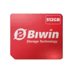 The logo for Biwin Storage Technology on a glossy red, square card, with a white badge in the top right corner that reads "512GB", set against a dark green background.