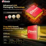 A promotional graphic for the Biwin Mini SSD focusing on its compact size and speed. The top section highlights the Advanced LGA Packaging Technology by comparing the 1TB red SSD card to various global coins (GBP, EUR, USD). The bottom section features the card again, advertising sequential read speeds up to 3700 MB/s and write speeds up to 3400 MB/s, and listing technical specs like PCIe 4.0 x2 interface and NVMe 1.4 protocol.