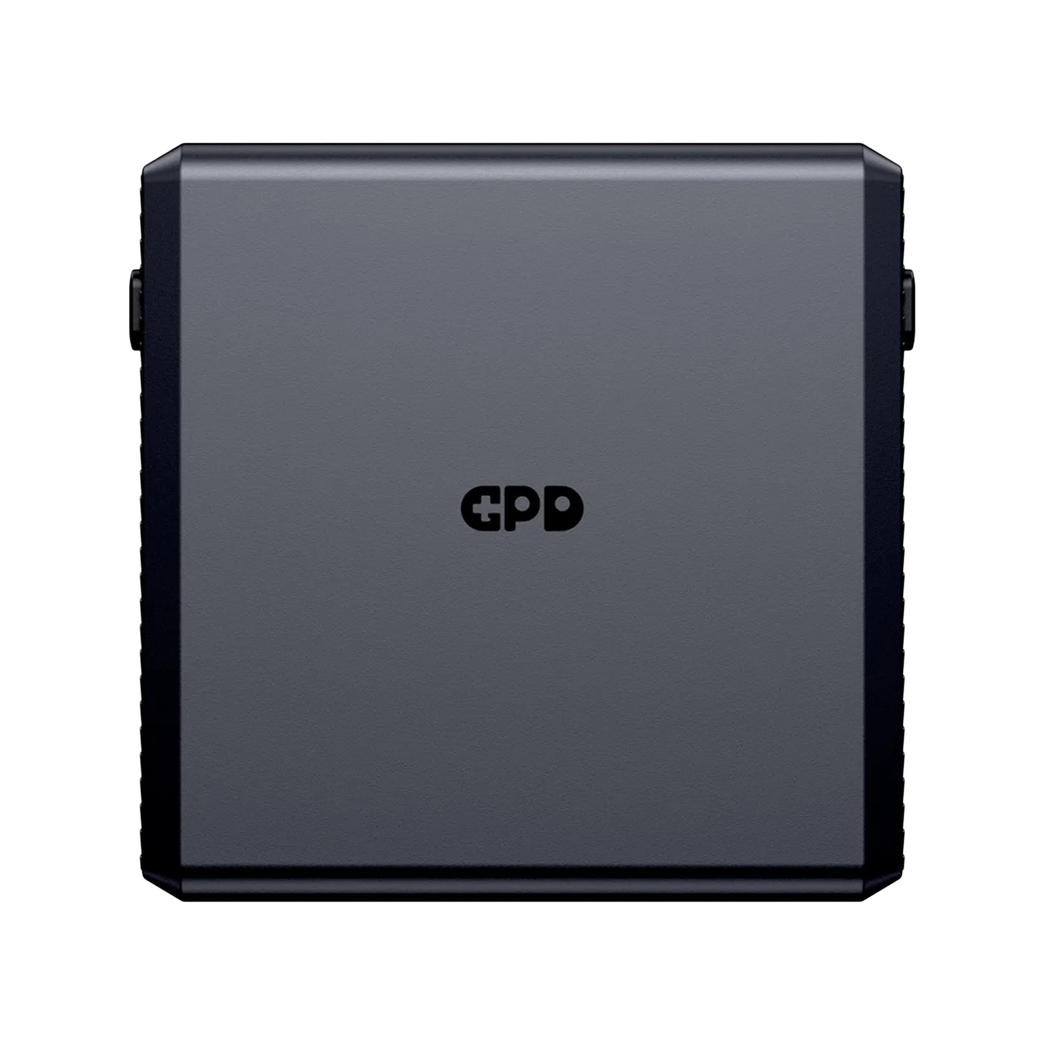 A front view of the black, square, detachable battery pack for the GPD WIN 5, with the GPD logo subtly centered on its surface. The battery is isolated against a black background.
