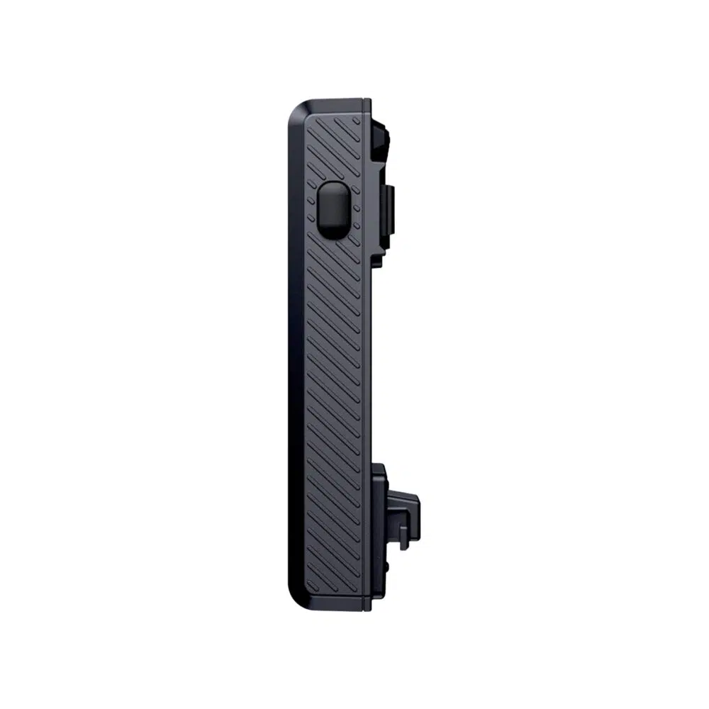 A side view of the black detachable battery pack, highlighting its textured side grip and the release button mechanism for hot-swapping. The battery is isolated against a white background.