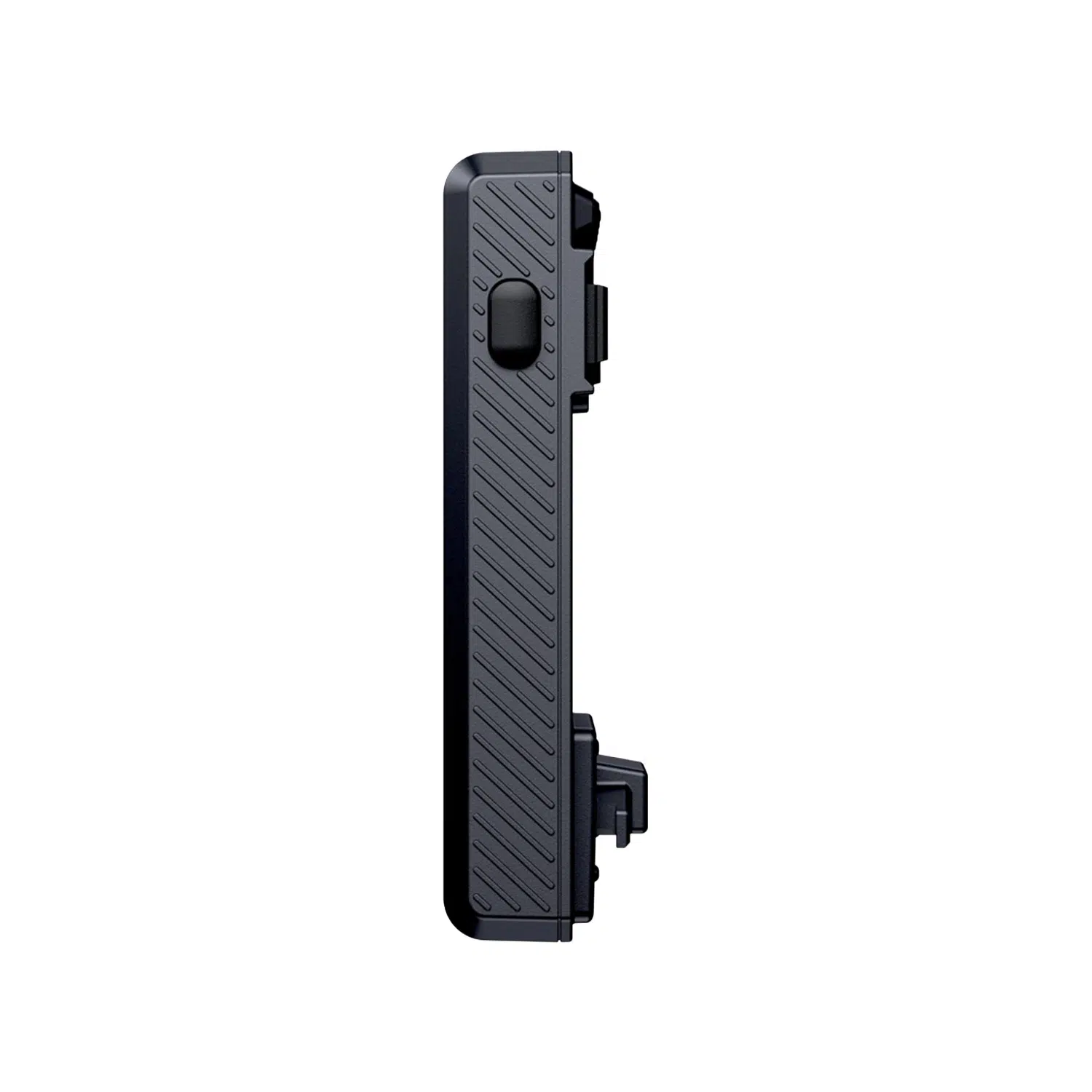 A side view of the black detachable battery pack, highlighting its textured side grip and the release button mechanism for hot-swapping. The battery is isolated against a white background.