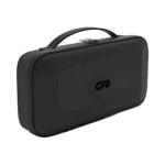 A three-quarter view of a closed, black hard-shell carrying case for the GPD WIN 5, featuring a top handle, dual zippers, and a subtle black GPD logo centered on the front. The case is set against a dark green background.