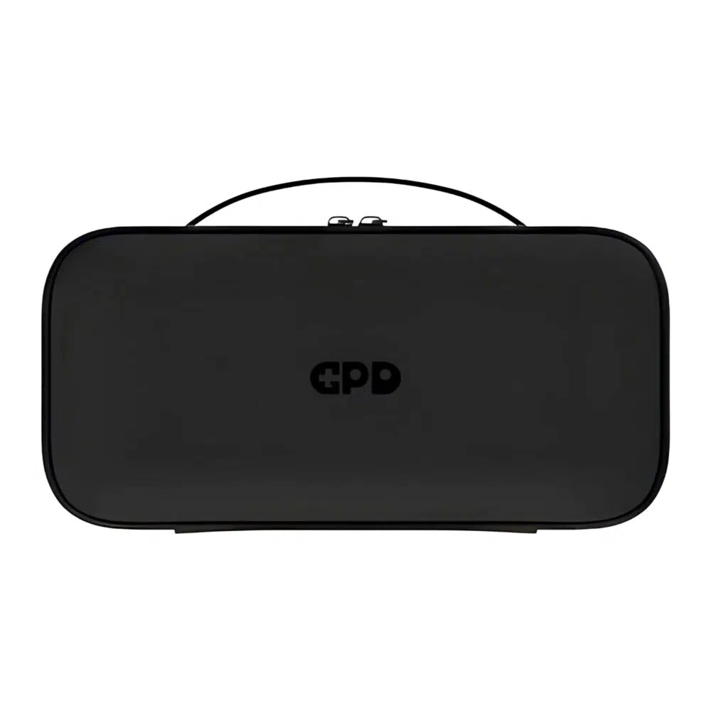 A front-on view of the closed, black hard-shell carrying case for the GPD WIN 5, featuring a centered handle and a black GPD logo. The case is isolated against a white background.