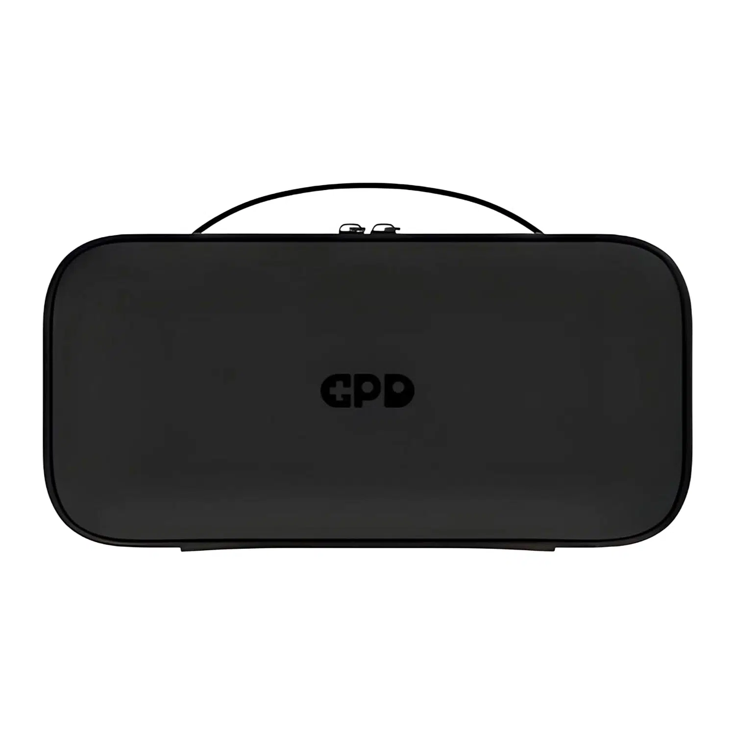 A front-on view of the closed, black hard-shell carrying case for the GPD WIN 5, featuring a centered handle and a black GPD logo. The case is isolated against a white background.