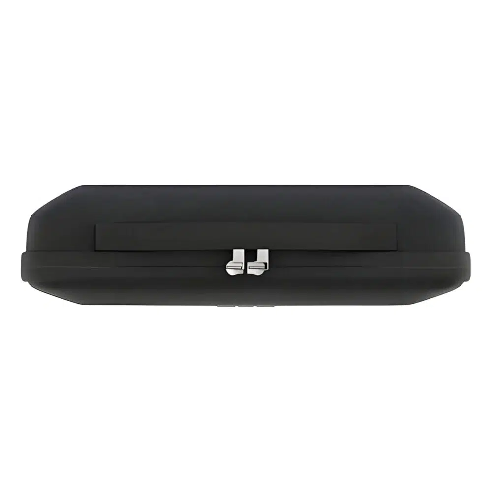 A top-down, side-profile view of the closed, black hard-shell carrying case, highlighting the dual metal zipper pulls and the center strap/handle detail. The case is isolated against a white background.