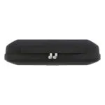 A top-down, side-profile view of the closed, black hard-shell carrying case, highlighting the dual metal zipper pulls and the center strap/handle detail. The case is isolated against a white background.