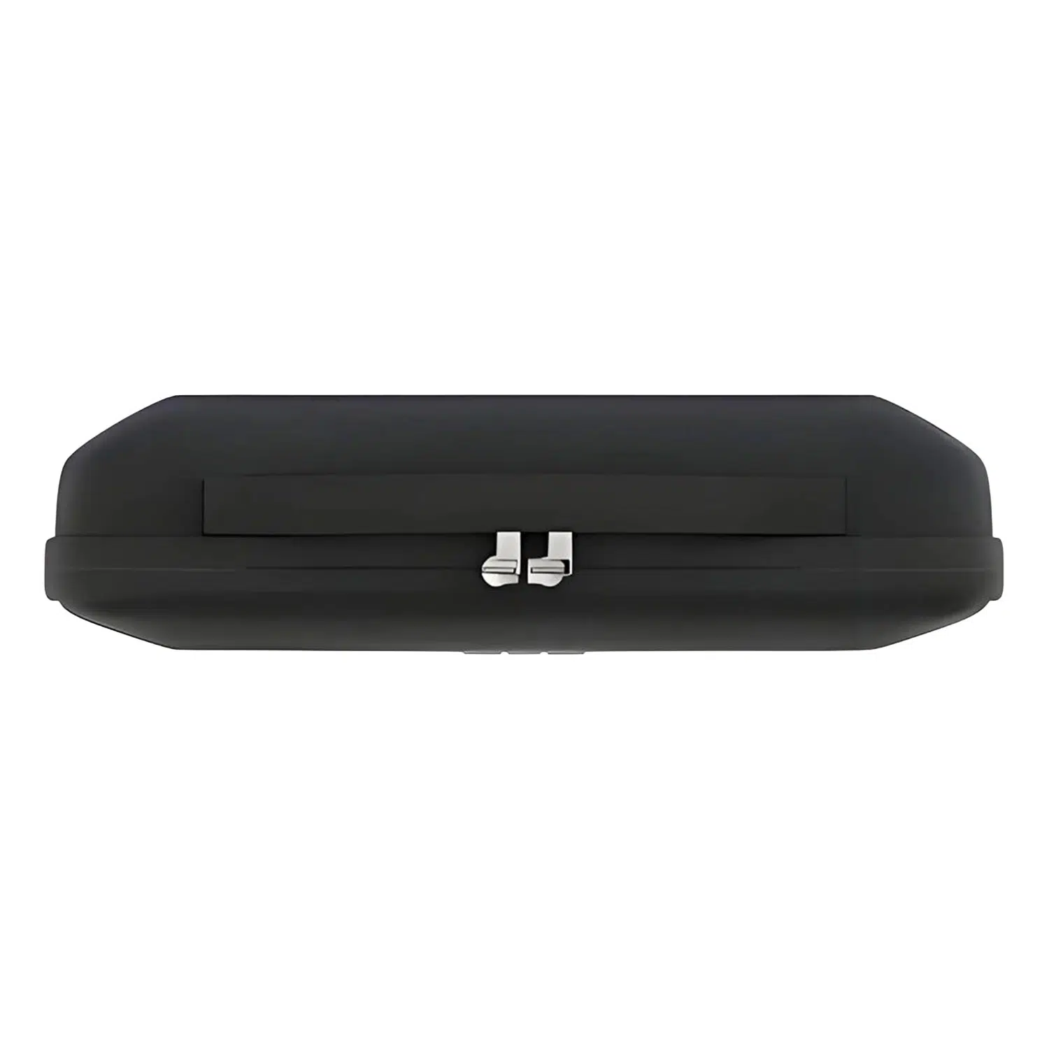 A top-down, side-profile view of the closed, black hard-shell carrying case, highlighting the dual metal zipper pulls and the center strap/handle detail. The case is isolated against a white background.