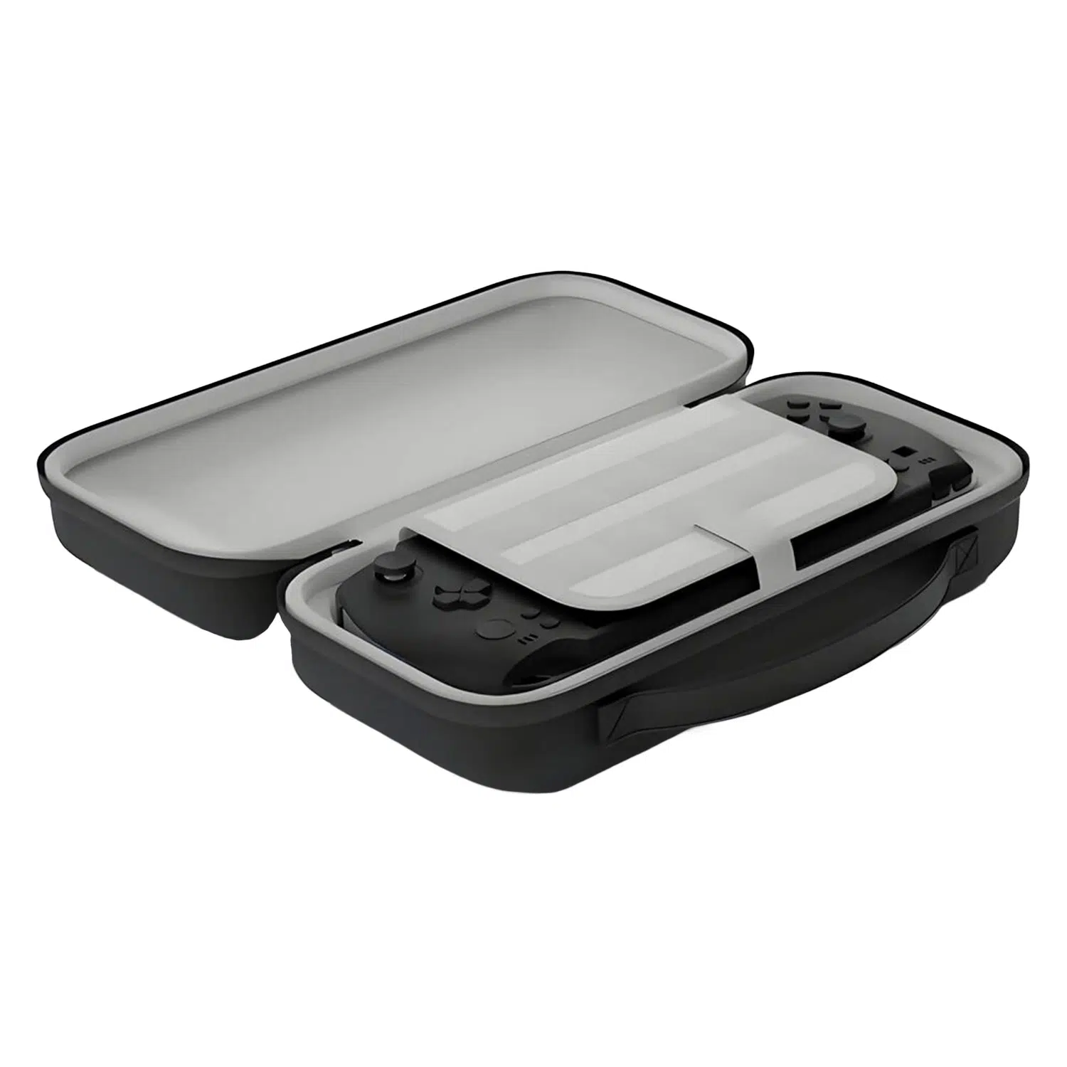 An angled, open view of the black carrying case. The interior is light grey, and a black GPD WIN 5 console is secured inside the bottom half with a white strap. A grey divider with white stripes covers the screen, and the top half of the case is empty. The case features an integrated carrying handle.