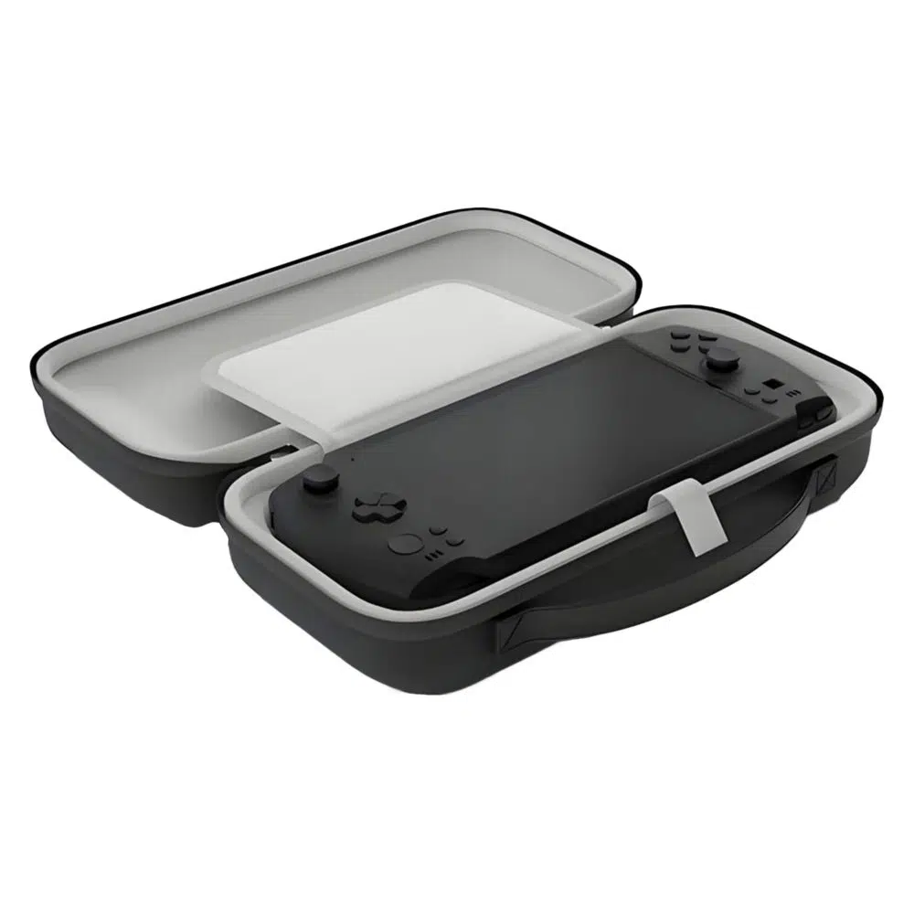 An angled, open view of the black carrying case. The interior is light grey, and a black GPD WIN 5 console is secured inside the bottom half with a white strap. A solid white protective screen cover/divider is over the device, and the top half of the case is empty. The case features an integrated carrying handle.