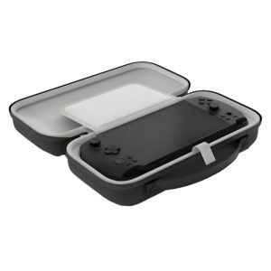 An angled, open view of the black carrying case. The interior is light grey, and a black GPD WIN 5 console is secured inside the bottom half with a white strap. A solid white protective screen cover/divider is over the device, and the top half of the case is empty. The case features an integrated carrying handle.