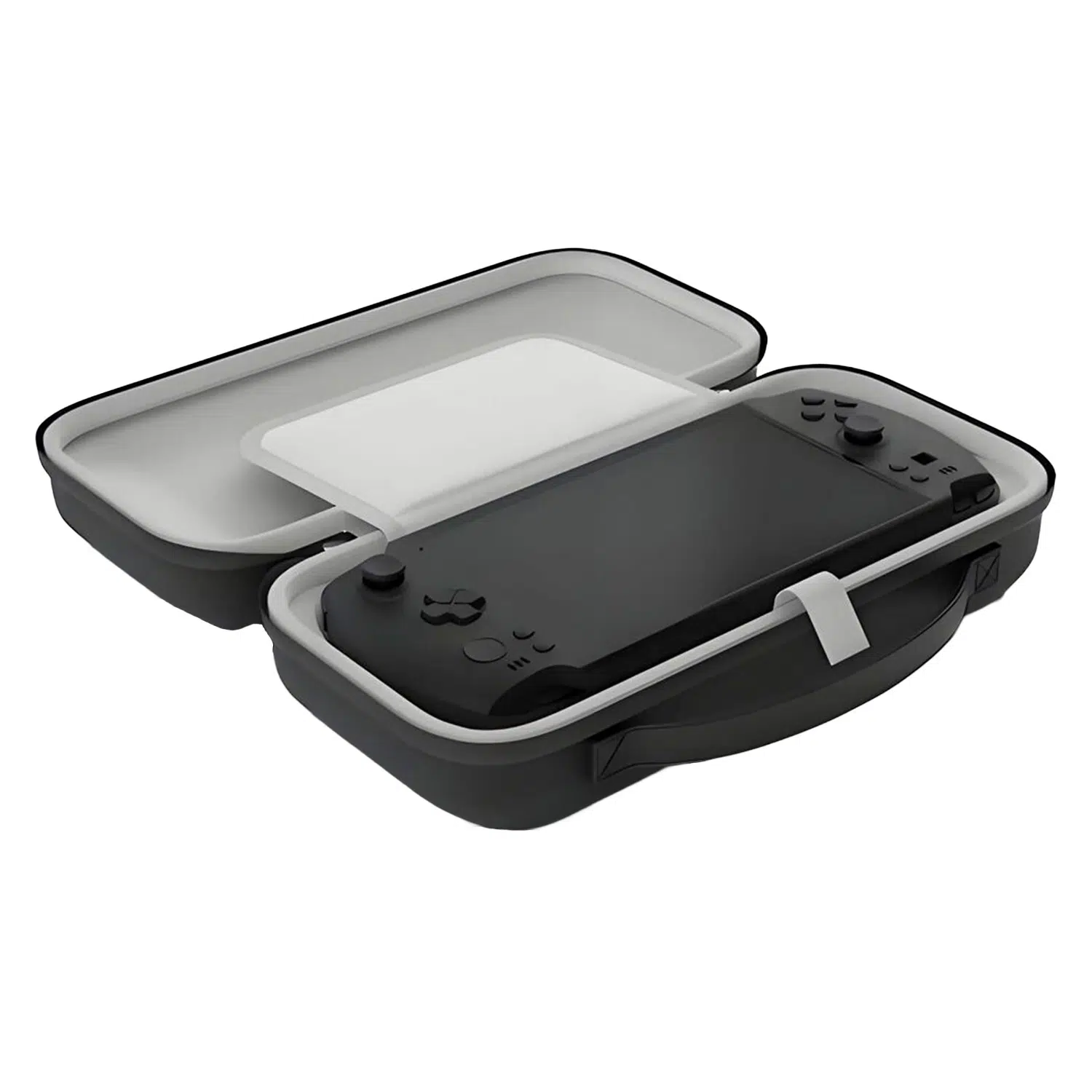 An angled, open view of the black carrying case. The interior is light grey, and a black GPD WIN 5 console is secured inside the bottom half with a white strap. A solid white protective screen cover/divider is over the device, and the top half of the case is empty. The case features an integrated carrying handle.